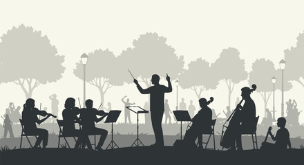 Conductor Leading Outdoor Orchestra Silhouette