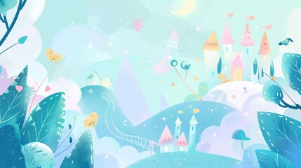 Obraz premium Light Blue Children's Illustration Fairy Tale Background: A Dreamy Canvas of Enchantment and Whimsy