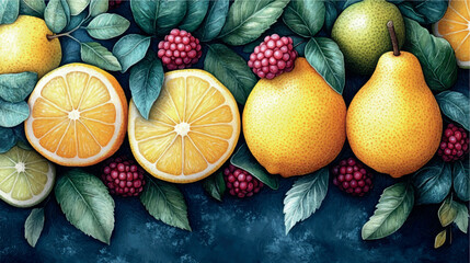 Bright illustration of fruits, citruses and berries. Fruit cover, fruit print. Juicy fruits, berries and citrus fruits stylized illustration ornament.	