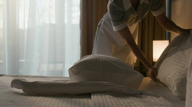 Close up view of hotel housekeeper fluffing pillows and smoothing striped white sheets on bed beside window in guest room
