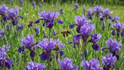 Busy bees gather nectar from vibrant purple irises in a lush green meadow , stock photo, beekeeping, photography