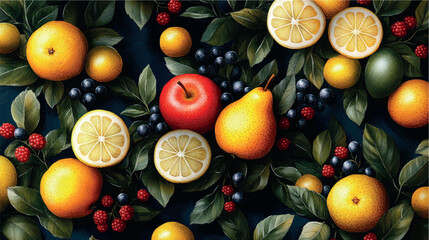 Bright illustration of fruits, citruses and berries. Fruit cover, fruit print. Juicy fruits, berries and citrus fruits stylized illustration ornament.	