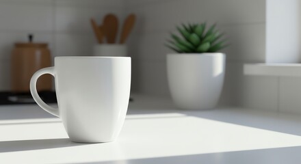 Fototapeta premium White Mug on Kitchen Counter with Plant Decoration