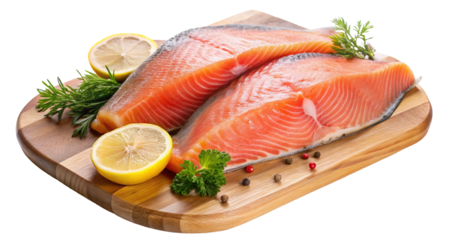 Two Fresh Salmon Fillets with Lemon and Herbs on a Wood Board