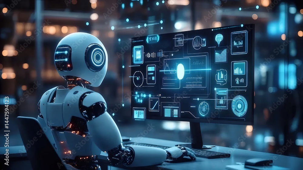Aufkleber 未来的なロボットがコンピューターモニターで情報を分析 青い光と都市の背景にデジタルデータが表示