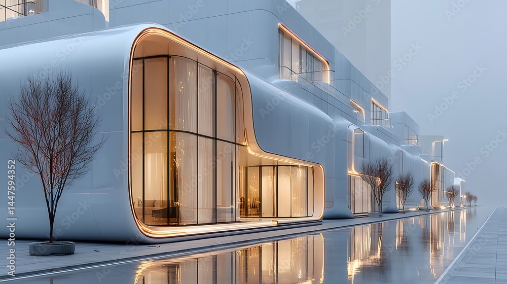 Poster 近代的な白い建物の外観 曇り空の下 水面に反射する光と影の美しい都市デザイン