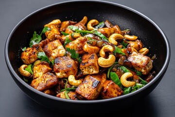 Stir-fried tofu and cashews in wok