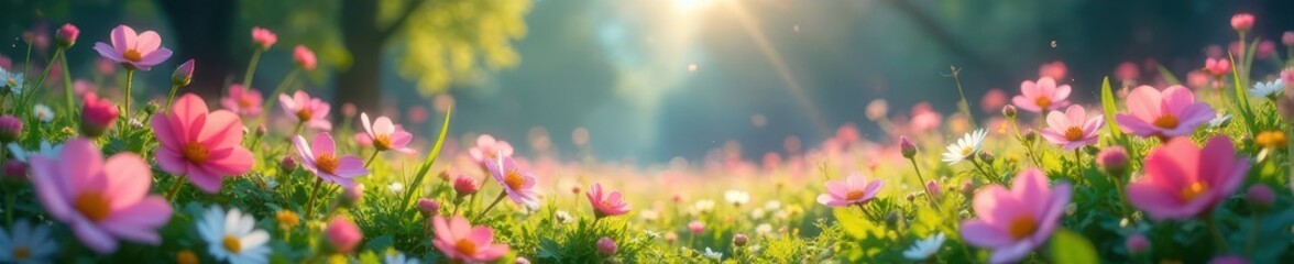 Fototapeta premium Pastel flowers illuminate a magical meadow, shimmering trails wind through , glowing, ethereal