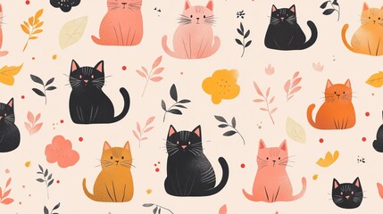Charming Pattern Featuring Playful Cats Amidst Lush Green Leaves Creating a Whimsical Nature Design