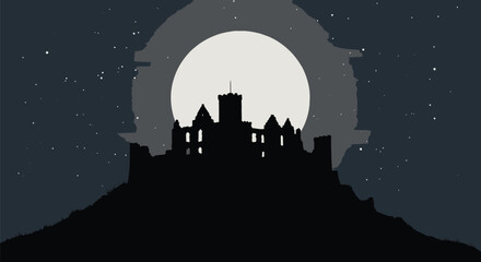Fototapeta premium Medieval Castle Ruins Silhouette Full Moon