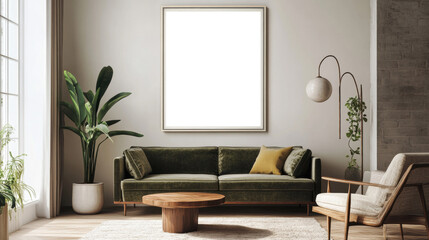 3D illustration mockup photo frame on the wall over sofa with cushion in midcentury living room, decorated with houseplant and sunlight from window, rendering
