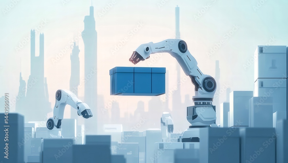 Aufkleber 未来都市に設置されたロボットアームが青い箱を持ち上げるシーン 淡い背景とデジタルデザイン