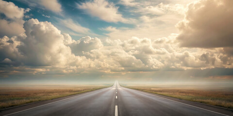 Fototapeta premium Endless road vanishing into horizon under dramatic cloudy sky, creating surreal and peaceful travel concept with vast open fields on both sides