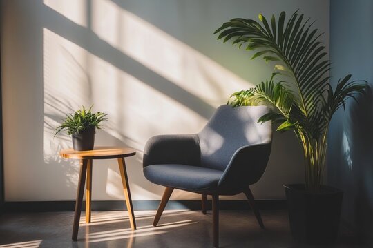 A quiet corner in a contemporary office with a cozy chair, a small table, and a plant, perfect for focus work