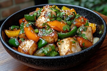 Stir-Fried Chicken with Bell Peppers and Onions in Wok