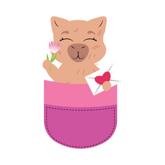 Adorable capybara in pocket with flower and love letter Sweet rodent in pouch Valentine's Day animal graphic Cute pet sending love and blossom