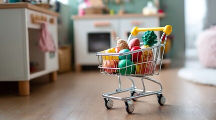 Whimsical kitchen roleplay: Miniature shopping cart brimming with vibrant toy food