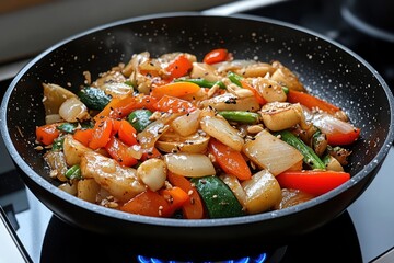 Aromatic Stir-Fried Vegetables in Wok on Gas Stove