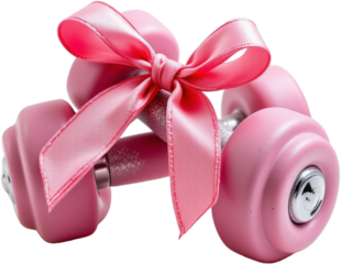 the image displays a set of pink weights tied with a pink ribbon. the weights have rounded edges and a silver handle