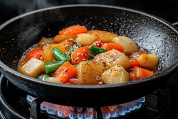 Aromatic Vegetable Stir-Fry in Wok on Gas Stove