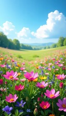 Obraz premium A vibrant tapestry of pink and purple wildflowers blankets a clear blue sky meadow , purple and pink flowers, floral, sunlit meadow