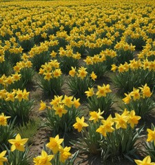 Obraz premium A carpet of cheerful yellow daffodils blankets a verdant field bathed in sunlight , flowers, flora
