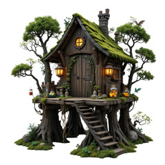 Enchanting Mossy Treetop Cottage with Wooden Staircase and Glowing Lanterns