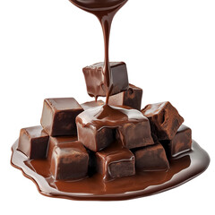 Melting chocolate pouring over cocoa squares