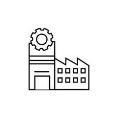 Obraz premium Minimalist black-and-white line icon of a factory or industrial building with a gear symbol, ideal for use in business, engineering, and manufacturing graphics.