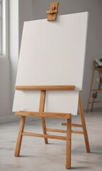 Wooden easel legs and sturdy base support a large, blank canvas ,  blank, easel
