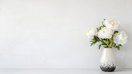 Fototapeta premium Elegant White Peonies in Modern Vase Against Textured Wall white peonies floral arrangement elegant