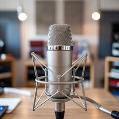 Photograph: Silver spherical microphone with volume knob and grille on an adjustable stand. Professional studio backdrop, warm lighting, modern design.