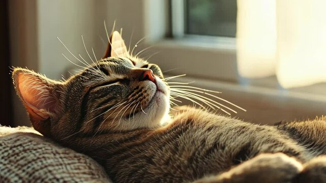 Relaxed cat enjoying sunlight by the window in tranquil sequence