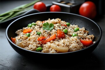 Stir-Fried Rice and Vegetables with Sesame Oil in Wok
