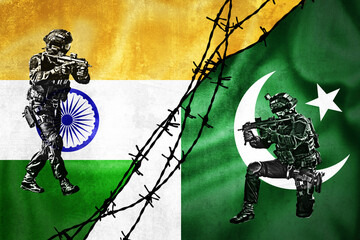 Grunge flags of India and Pakistan divided by barb wire illustration
