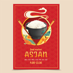Red Asian Restaurant Poster with Rice