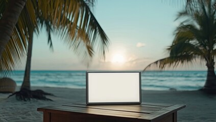 Empty laptop on a beach table at sunset.  Tropical palms frame the scene, with a calm ocean in the background