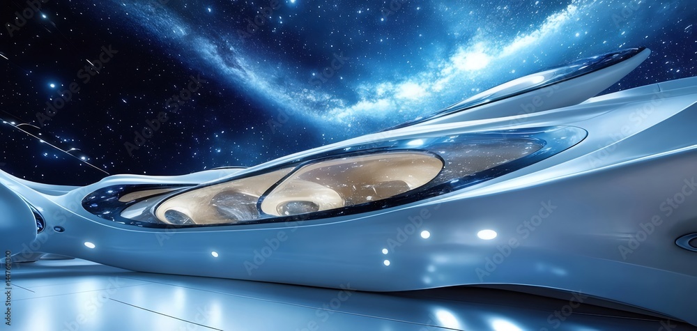 Poster 宇宙空間を背景に 未来的なデザインの宇宙船 青色と白の光が印象的なデジタルアート