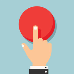 Hand pressing the red button. Flat design style