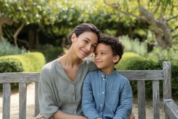Fototapeta premium Mother and Son on Park Bench