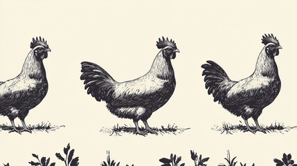 Fototapeta premium Three Chickens foraging on lush green grass under a clear blue sky highlighting rural tranquility