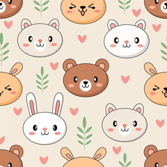 Kawaii Animal Pattern – Bear, Bunny, Cat Faces in Pastel Style