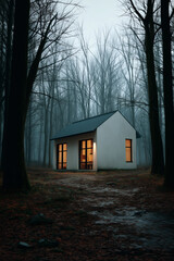 Modern cabin home nestled among the trees. Lights glow warmly from within the small structure.