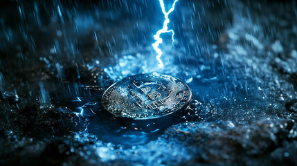 Bitcoin coin in rain with lightning strike, symbolizing cryptocurrency's volatility and resilience in challenging conditions