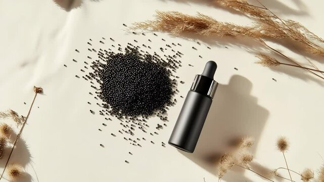 A sleek black dropper bottle is displayed alongside a scattered pile of black seeds and dried grasses on a light neutral background, evoking themes of organic skincare and natural wellness. 