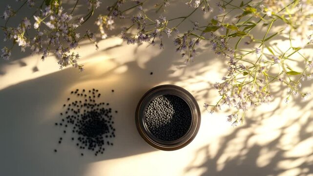 A soft, sunlit still life featuring delicate purple wildflowers casting shadows over a cream surface, accompanied by a jar of black seeds with some scattered beside it. 