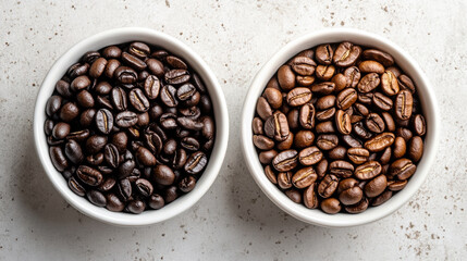 Fototapeta premium light roast coffee beans and dark roast coffee beans on a light background.