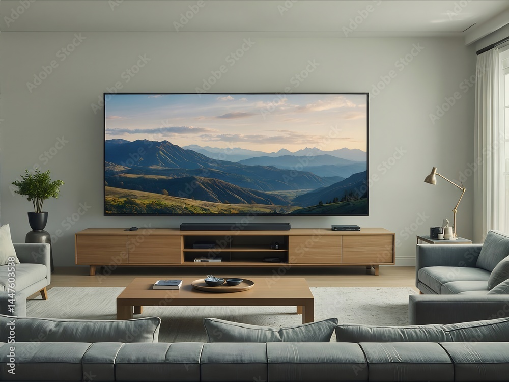 Aufkleber モダンなリビングルーム 内の大型テレビと木製キャビネット 白い壁と窓からの自然光が特徴の快適な空間