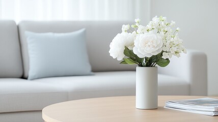 Elegant White Floral Arrangement on Round Table white flowers floral arrangement round table vase