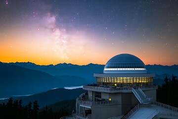 Obraz premium Majestic Mountain Observatory at Night Starry Sky and Panoramic View